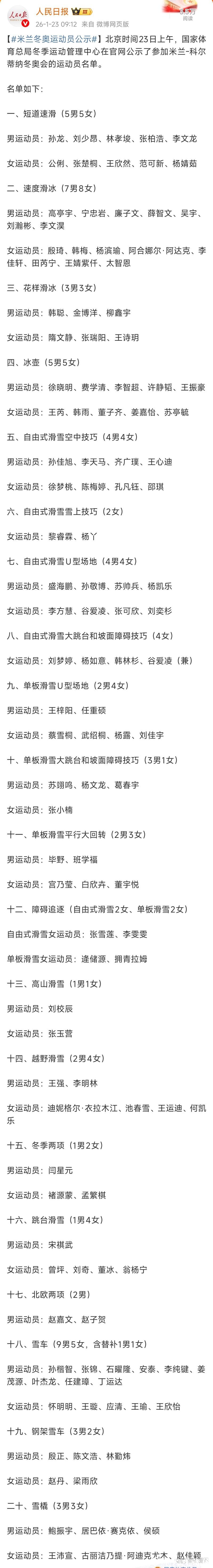 米兰冬奥会参赛运动员名单公布 米兰冬奥会参赛运动员名单公布